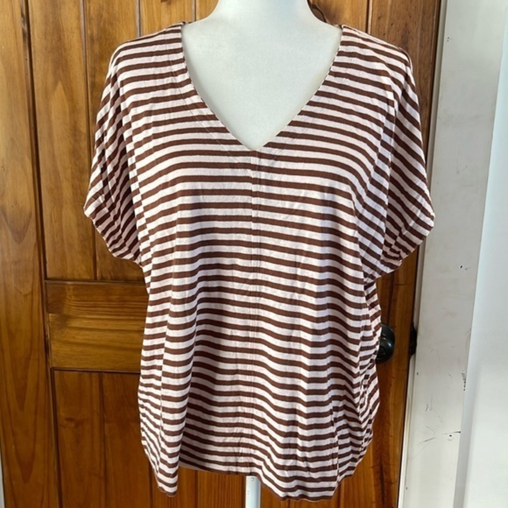 JJill Pink Brown Striped V Neck Linen Short SleeveTee Petite Large